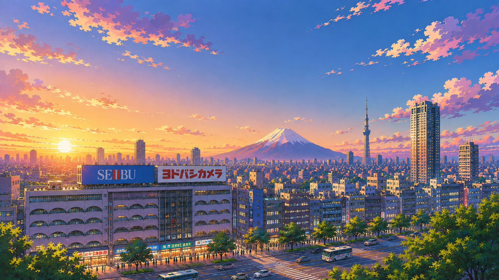 YODO GROOVE 屋上イメージ、池袋の街並みと富士山を望む夕景イラスト