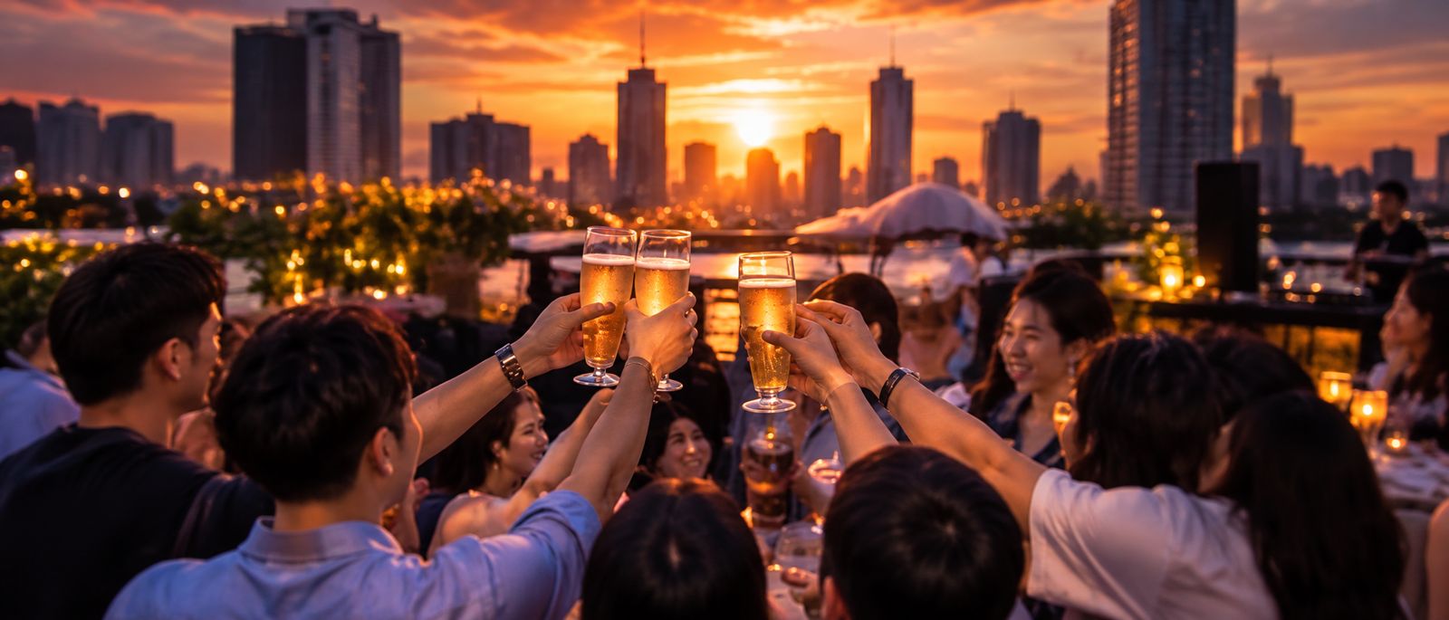 夕暮れのルーフトップで乾杯する参加者たち